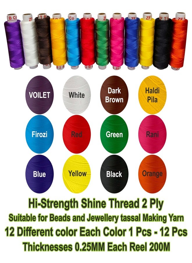 Domick Hi-Strength Shine Thread 2 Ply for Beads and Jewellery tassal Making Yarn for Beading, Jewelry Making, Fishing & All Craft Works. 12 Color 12 Pcs Each Color 1 Pcs 200X12 2400M (12 PCS Nylon Mix) - Image 2