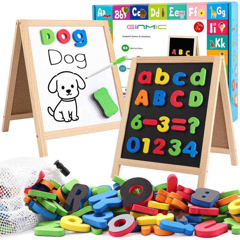 GINMIC Magnetic Letters and Numbers with Magnet Board, Alphabet ABC Magnets, Learning & Educational Toys - Uppercase Lowercase Math Symbols with Magnetic Whiteboard Chalkboard for Toddlers Kids - Image 1