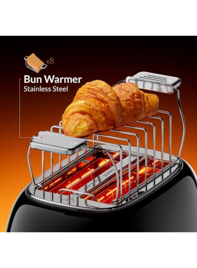 Feller Germany, Retro Style 2-Slice Toaster, 815 W, Steel Body, Steel Dust Cover & Bun Warmer,Defrost, Reheat & Cancel Function,Removable Crumb Tray, TO290, (Glossy Black) - Image 3