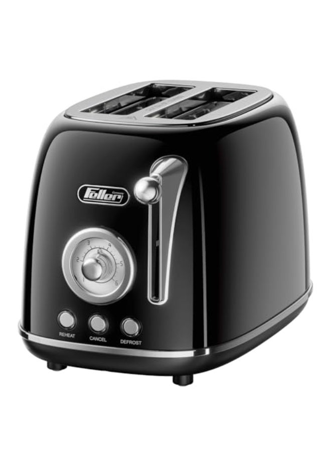Feller Germany, Retro Style 2-Slice Toaster, 815 W, Steel Body, Steel Dust Cover & Bun Warmer,Defrost, Reheat & Cancel Function,Removable Crumb Tray, TO290, (Glossy Black)