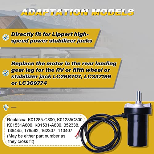 FHRHRY RV Rear Electric Stabilizer Jack Motor for Lippert 113407 352338 138445 178562 162307, fit for Camper Stabilizer Jacks 337199 369774 298707, Replace# K01285-C800 K01285C800 K01531A800 K01531-A800 - Image 2