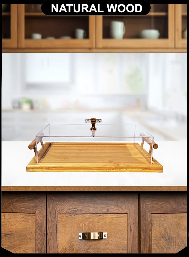 Majestic Extra-Large Rectangular Wooden Cake Tray with Acrylic Cover, Golden Handle – Serving Tray with Lid for Bread, Cake, Snacks, Size 46 x 31 x 11 cm - Image 5