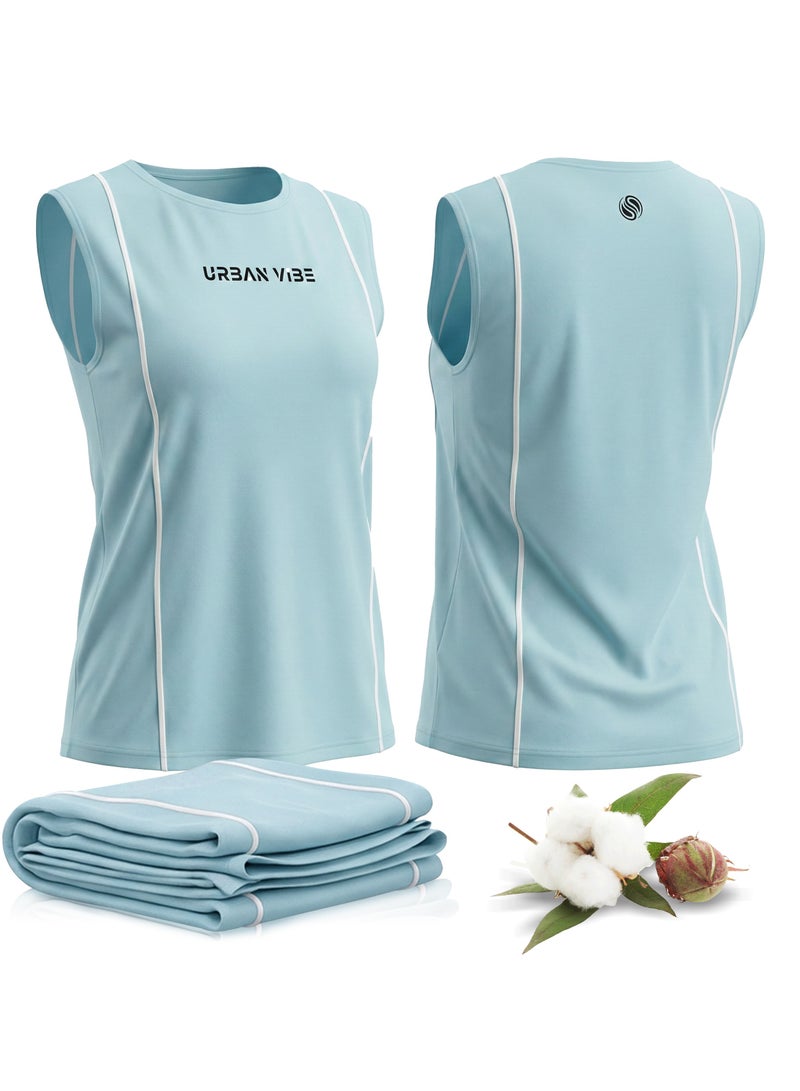 Selecta Now Ladies Sleeveless Cotton T-Shirt Sky Blue Breathable Contrast Piping Tank Top Soft Stretchable Women’s T Shirt Ideal for Hot Climate - Image 1