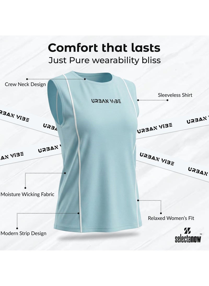Selecta Now Ladies Sleeveless Cotton T-Shirt Sky Blue Breathable Contrast Piping Tank Top Soft Stretchable Women’s T Shirt Ideal for Hot Climate - Image 4