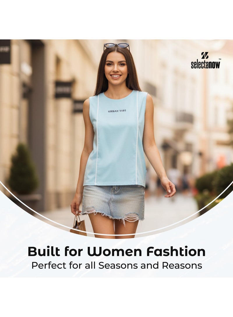 Selecta Now Ladies Sleeveless Cotton T-Shirt Sky Blue Breathable Contrast Piping Tank Top Soft Stretchable Women’s T Shirt Ideal for Hot Climate - Image 3