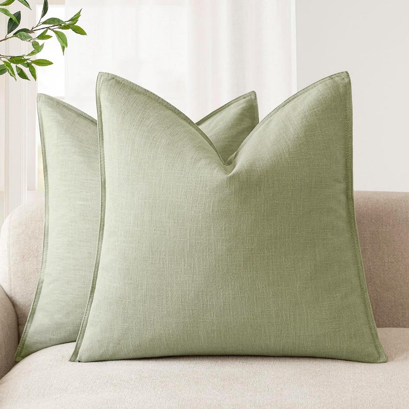 Foindtower Pack of 2, Decorative Linen Solid Throw Pillow Covers Soft Accent Cushion Case Boho Farmhouse Pillowcase for Chair Couch Sofa Bedroom Living Room Home Decor 16 x 16 Inch Light Sage Green - Image 1