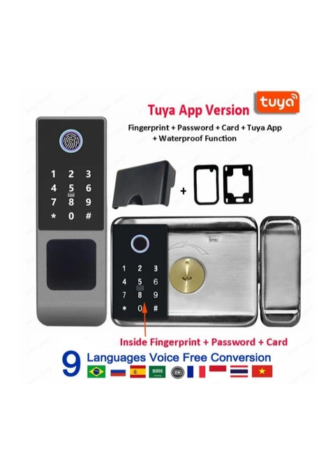 Arabic Voice Service,8 Language Voices,Waterproof Double Side TUYA WIFI App/ Smart Outdoor Lock, Fingerprint Lock, Outdoor Gate, Digital Password, Remote App, Home Electronic Rim Lock