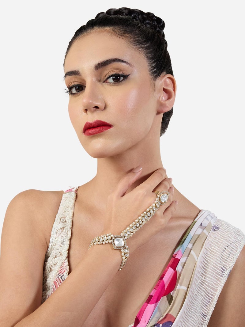 ZAVERI PEARLS Gold Tone Dazzling Kundan & Pearls Embellished Traditional Ring Bracelet For Women-ZPFK21266 - Image 5