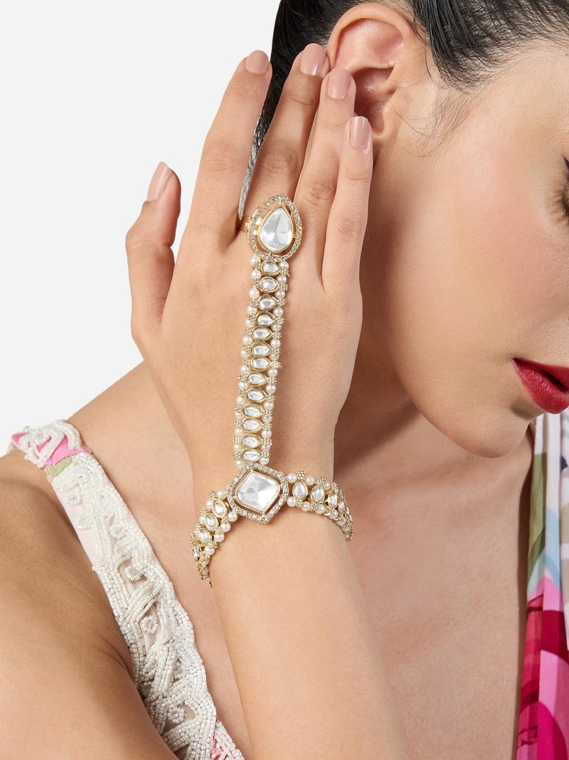 ZAVERI PEARLS Gold Tone Dazzling Kundan & Pearls Embellished Traditional Ring Bracelet For Women-ZPFK21266 - Image 2
