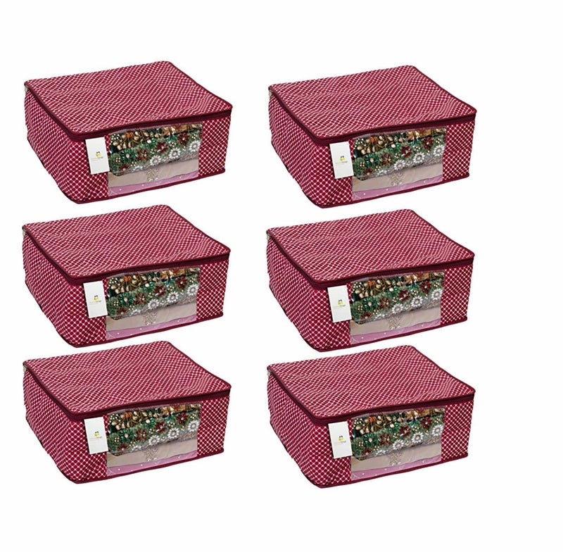 Homestrap Set of 6 Cotton Quilted Saree Covers | 3-Layered Foldable Storage Bags with Transparent Window & Zip | Premium Wardrobe Organizer for Sarees, Lehengas, Dresses | Maroon - Image 1