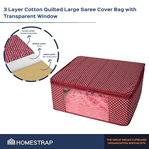Homestrap Set of 6 Cotton Quilted Saree Covers | 3-Layered Foldable Storage Bags with Transparent Window & Zip | Premium Wardrobe Organizer for Sarees, Lehengas, Dresses | Maroon - Image 5