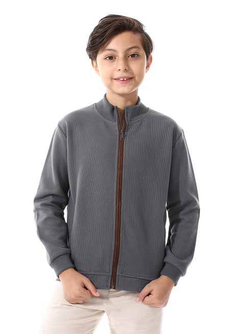 Slash Pockets Plain Zipped Boys Sweatshirt_ Dark Grey