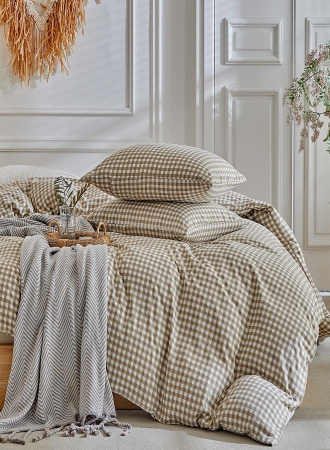 DuShow Grid Queen Duvet Cover Set - Tan Gingham Washed Microfiber Comforter Cover Set, 3 Pieces Plaid Checkered Soft Reversible Bedding Set(Tan,Queen) - Image 4