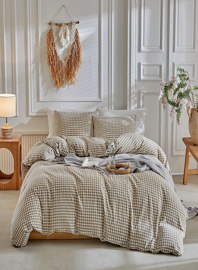 DuShow Grid Queen Duvet Cover Set - Tan Gingham Washed Microfiber Comforter Cover Set, 3 Pieces Plaid Checkered Soft Reversible Bedding Set(Tan,Queen) - Image 2