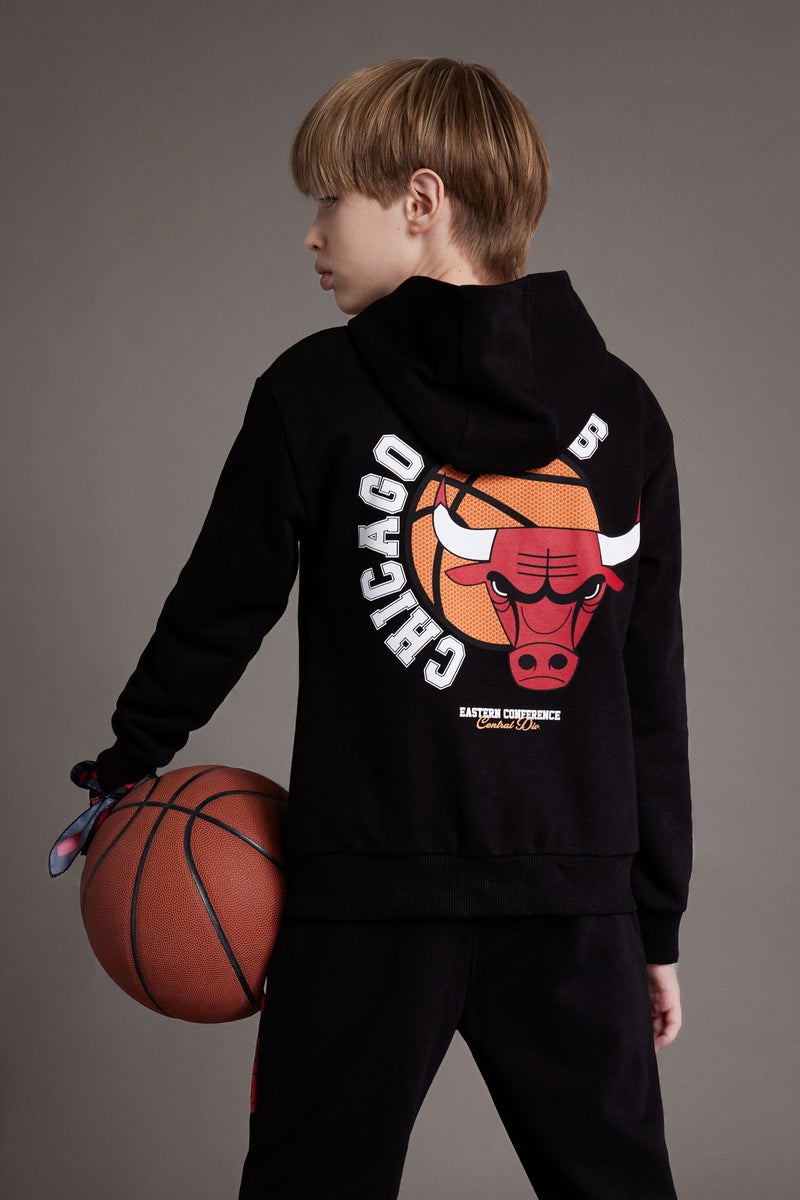 DeFacto Boy NBA Wordmark Hooded Soft Furry Sweatshirt - Image 1