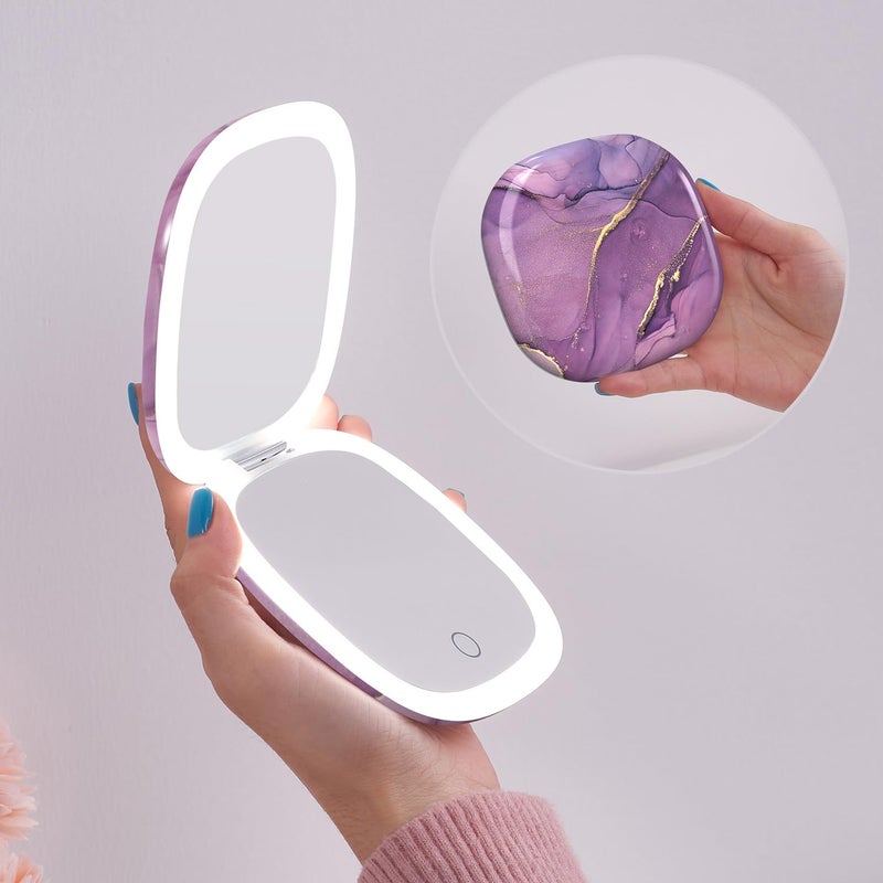 موكادو مرآة مكياج للسفر LED مدمجة من Mocado - مرآة سفر تكبير 1X/10X مقاس 10.16 سم مع جوانب مزدوجة قابلة لإعادة الشحن وإضاءة USB قابلة لإعادة الشحن للسفر في الجيب (رخام أرجواني) - Image 1