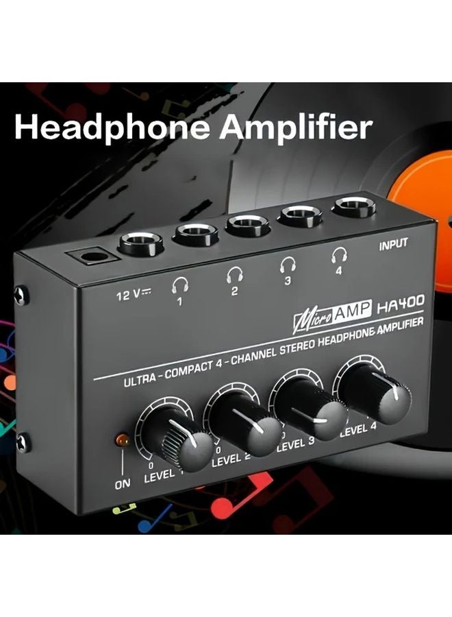 HA400 Ultra Compact 4 Way Headphone Amplifier With USB Power 12V Earphone Monitor 4 Channel Stereo Mixer Black - Image 1