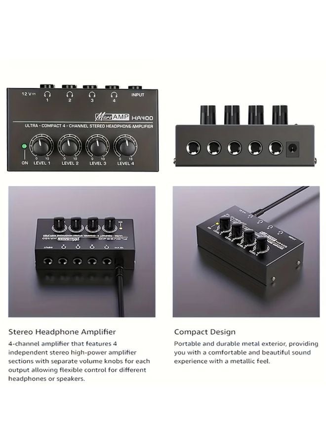 HA400 Ultra Compact 4 Way Headphone Amplifier With USB Power 12V Earphone Monitor 4 Channel Stereo Mixer Black - Image 4