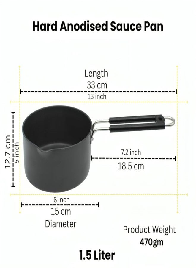 LAZYwindow Hard Anodised Sauce Pan | 1.5 Litre (Black) | Induction Base | Stainless Steel Handle | Non-Toxic & Durable Cookware - Image 2