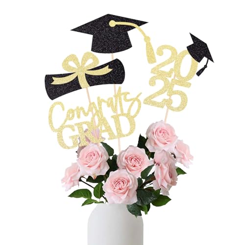 Gexolenu Graduation Decoration Class of 2025 Centerpieces for Table, 2025 Party Centerpieces Grad Cap Sticks Party Supplies, Graduation Party Decoration Toppeers (16 PCS, Gold & Black, Set of 4) - Image 1