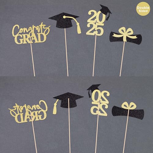 Gexolenu Graduation Decoration Class of 2025 Centerpieces for Table, 2025 Party Centerpieces Grad Cap Sticks Party Supplies, Graduation Party Decoration Toppeers (16 PCS, Gold & Black, Set of 4) - Image 4
