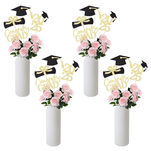 Gexolenu Graduation Decoration Class of 2025 Centerpieces for Table, 2025 Party Centerpieces Grad Cap Sticks Party Supplies, Graduation Party Decoration Toppeers (16 PCS, Gold & Black, Set of 4) - Image 3