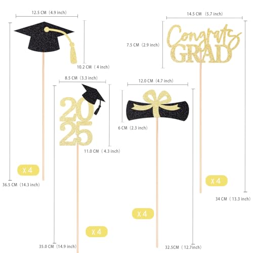 Gexolenu Graduation Decoration Class of 2025 Centerpieces for Table, 2025 Party Centerpieces Grad Cap Sticks Party Supplies, Graduation Party Decoration Toppeers (16 PCS, Gold & Black, Set of 4) - Image 2