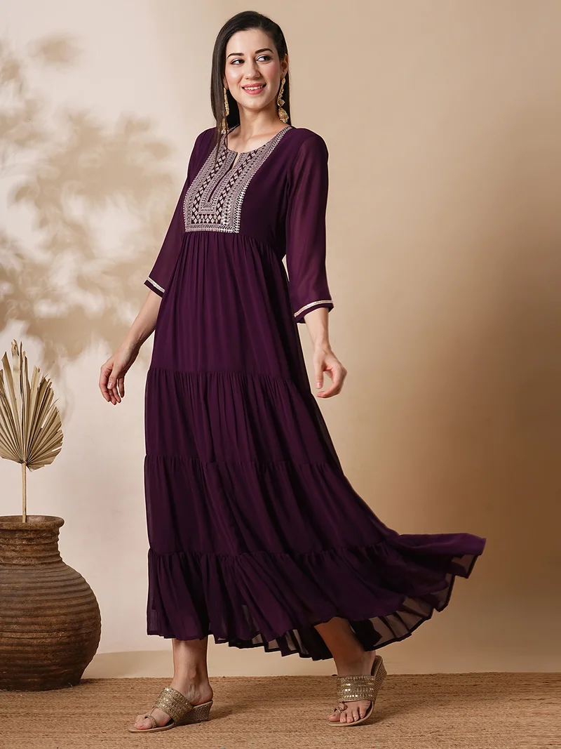 globus Women Floral Embroidered Tiered Georgette Maxi Fit & Flare Ethnic Dress