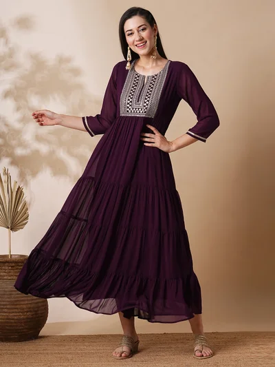 globus Women Floral Embroidered Tiered Georgette Maxi Fit & Flare Ethnic Dress