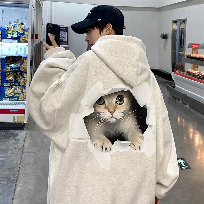 هودي مطبوع بقطط بأسلوب أمريكي عصري للرجال والنساء خريف وشتاء جديد فضفاض يناسب جميع الأذواق جاكيت فleece رمادي فاتح مزود ببطانة فleece