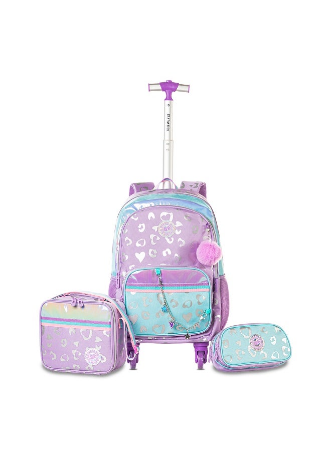 Eazy Kids Eazy Kids 4-wheel Trolley 17" School Bag Set of 3 w/ Lunch Bag and Pencil Pouch - Love Purple  - Image 1