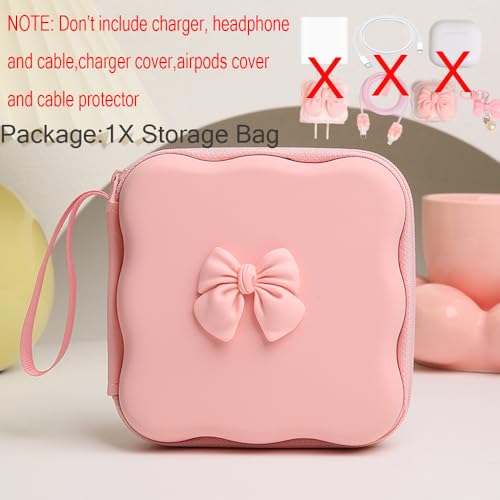 QLD COVER Charger Cover Storage Bag, Cute 3D Bow Tie Waves Design Charger Protector Travel Storage Case, Earphone Wire Saver Cable Cord Organizer Wireless Earphone Storage Box, Pink Bow - Image 2