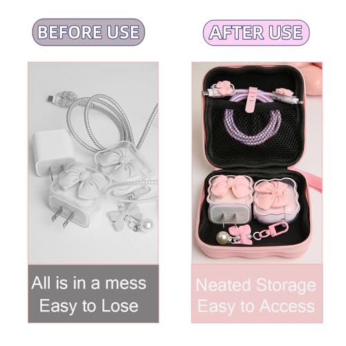 QLD COVER Charger Cover Storage Bag, Cute 3D Bow Tie Waves Design Charger Protector Travel Storage Case, Earphone Wire Saver Cable Cord Organizer Wireless Earphone Storage Box, Pink Bow - Image 3