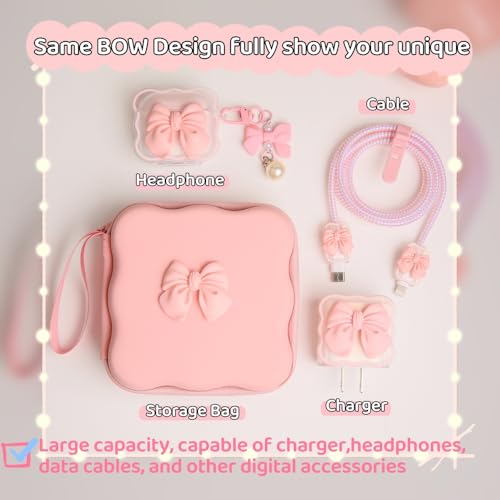 QLD COVER Charger Cover Storage Bag, Cute 3D Bow Tie Waves Design Charger Protector Travel Storage Case, Earphone Wire Saver Cable Cord Organizer Wireless Earphone Storage Box, Pink Bow - Image 4