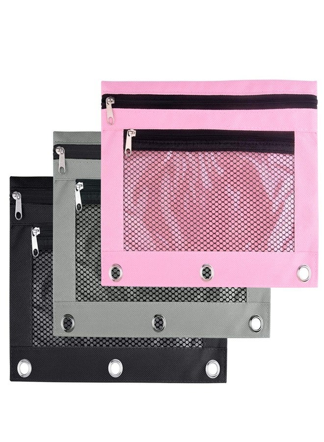 FEPITO 3Pack 3 Ring Binder Pencil Pouches Zipper Pouch Double Pocket Pencil Bag Mesh Window Pencil Case for Stationery - Image 1