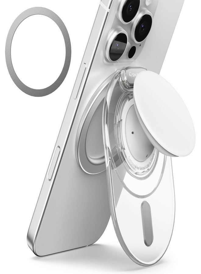 Sinjimoru Phone Grip Stand, Compatible with MagSafe, Adaptor Ring Included, 3000G Kickstand for iPhone 17/16/15/14/13. M-Tap Tok Stand Clear White - Image 1