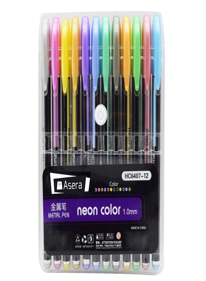 Asera Metallic Neon Gel Pens Set good gift For Coloring Sketching Painting Drawing for Kids (Set of 12 Metal Pens) - Image 1