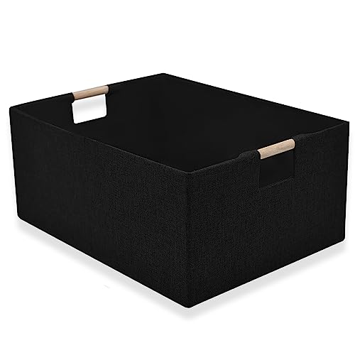 xianshengle Fabric Storage Basket for Shelves, Collapsible Storage Bins with wood Handles, Rectangle Closet Baskets, Wardrobe Organiser, for Sorting Clothes, Family Items (Black) (1) - Image 1