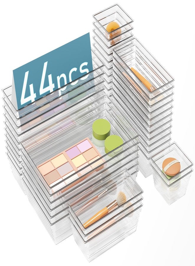 DCA 44 PCS Clear Drawer Organizers Set, 4 Size Versatile Bathroom and Vanity Organizer Trays, Cosmetic Display Cases for Makeup, Jewelries, Bedroom，Kitchen Utensils and Office - Image 1
