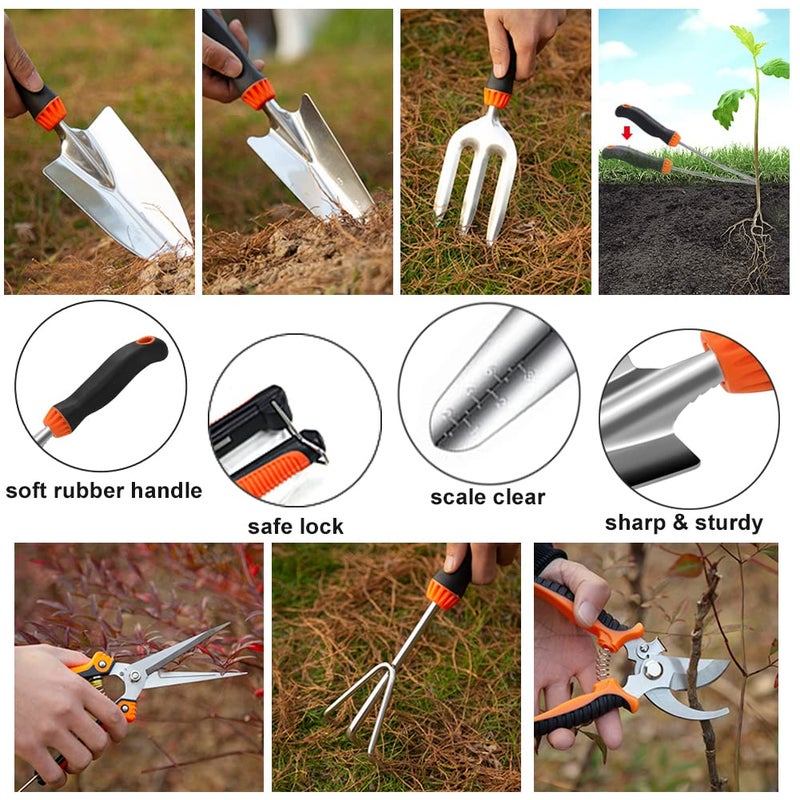 QINGFANGLI Garden Tool Set,10 PCS Stainless Steel Heavy Duty Gardening Tool Set with Soft Rubberized Non-Slip Ergonomic Handle Storage Tote Bag,Gardening Tool Set Gifts for Women and Men - Image 5