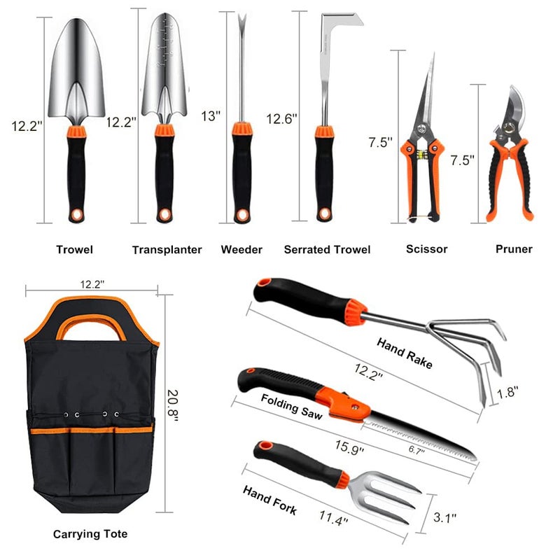 QINGFANGLI Garden Tool Set,10 PCS Stainless Steel Heavy Duty Gardening Tool Set with Soft Rubberized Non-Slip Ergonomic Handle Storage Tote Bag,Gardening Tool Set Gifts for Women and Men - Image 2