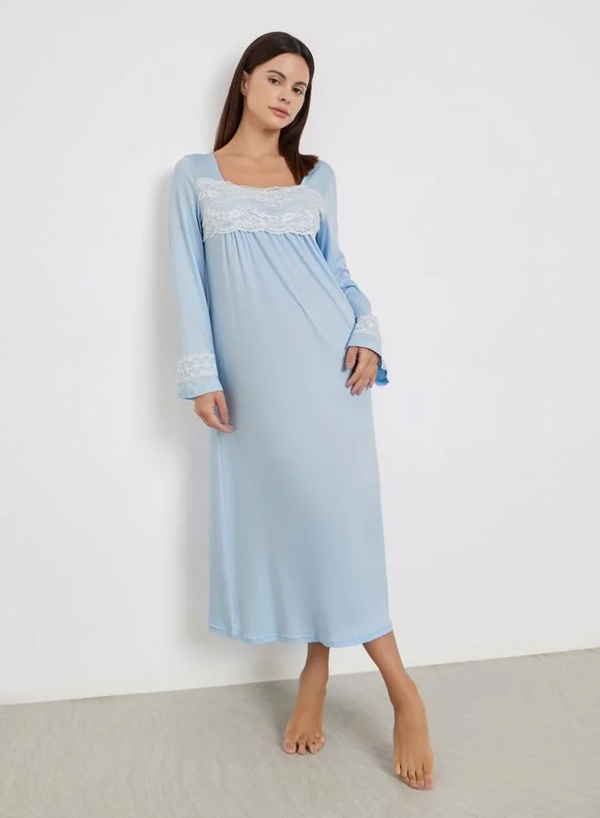 Take Two Take Two Blue Lace Insert Long Sleeve Nightdress