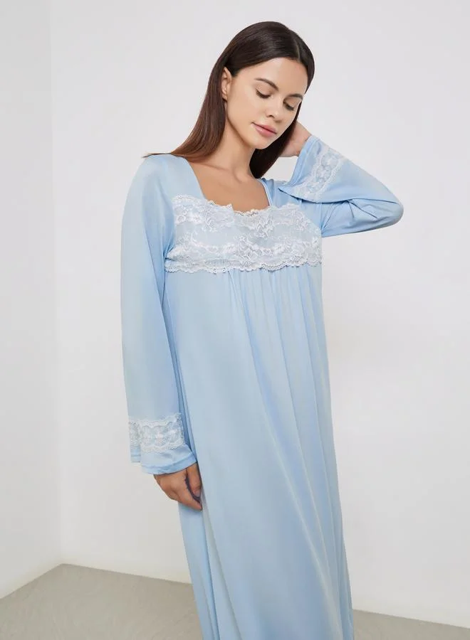 Take Two Take Two Blue Lace Insert Long Sleeve Nightdress
