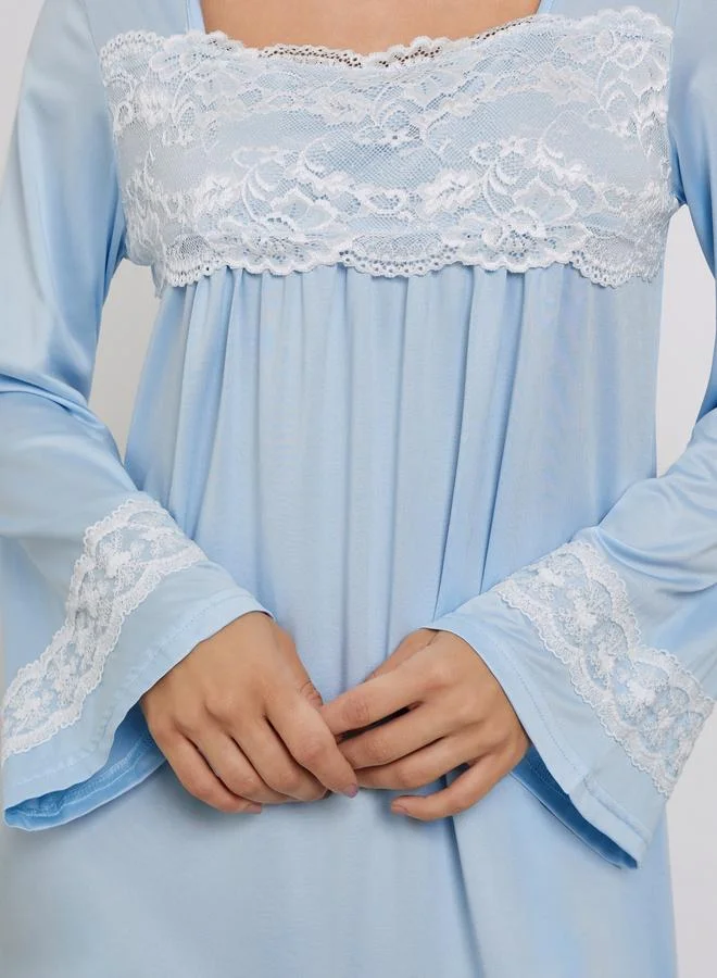 Take Two  Take Two Blue Lace Insert Long Sleeve Nightdress for Women | Best Price UAE