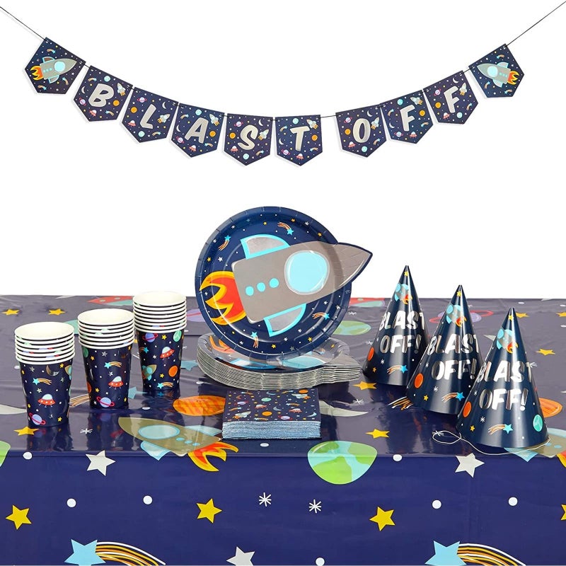 BLUE PANDA Space Party Pack - 99 Pieces, Blue, Serves 24 - Party Decorations Rockets, Blast Off Birthday Plates & Outer Space Tablecloth - Image 1