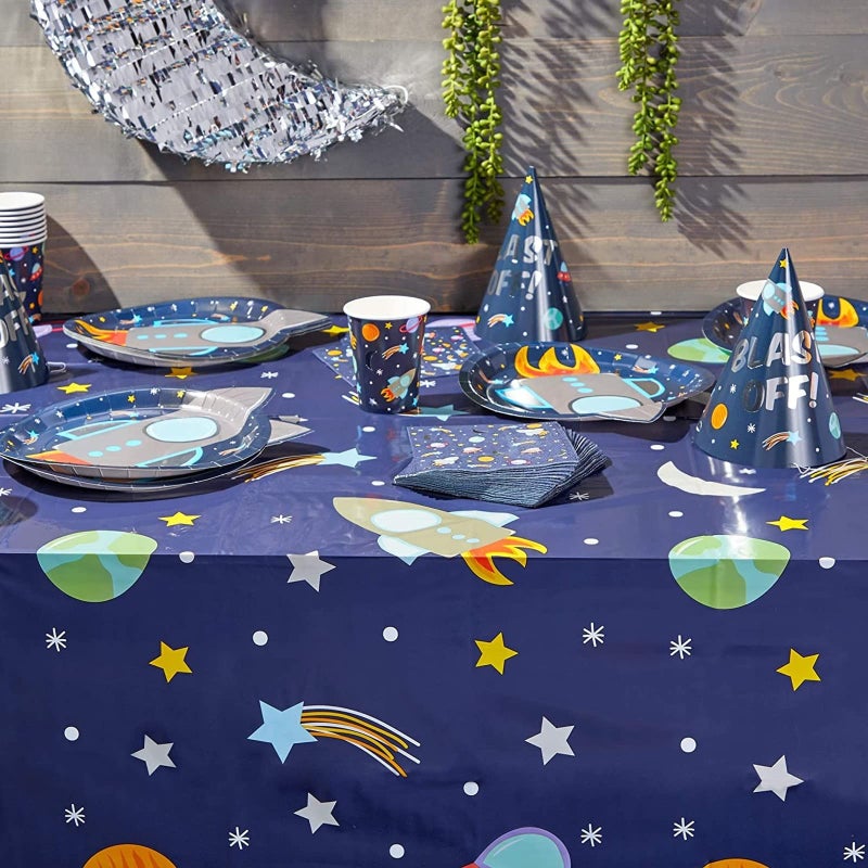 BLUE PANDA Space Party Pack - 99 Pieces, Blue, Serves 24 - Party Decorations Rockets, Blast Off Birthday Plates & Outer Space Tablecloth - Image 2