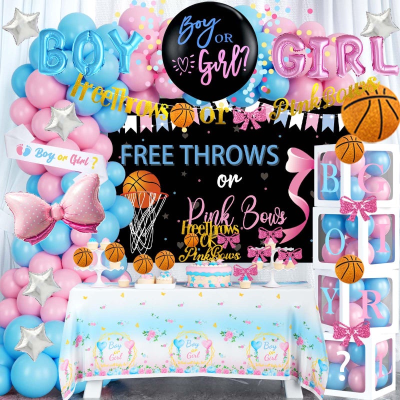 Fiesec Free Throws or Pink Bows Gender Reveal Decorations, Baby Boy or Girl Gender Reveal Decorations, Basketball or Bows Party DÃ©cor Backdrop Balloon Banner Tablecloth Cake Cupcake Topper Box Sash - Image 1
