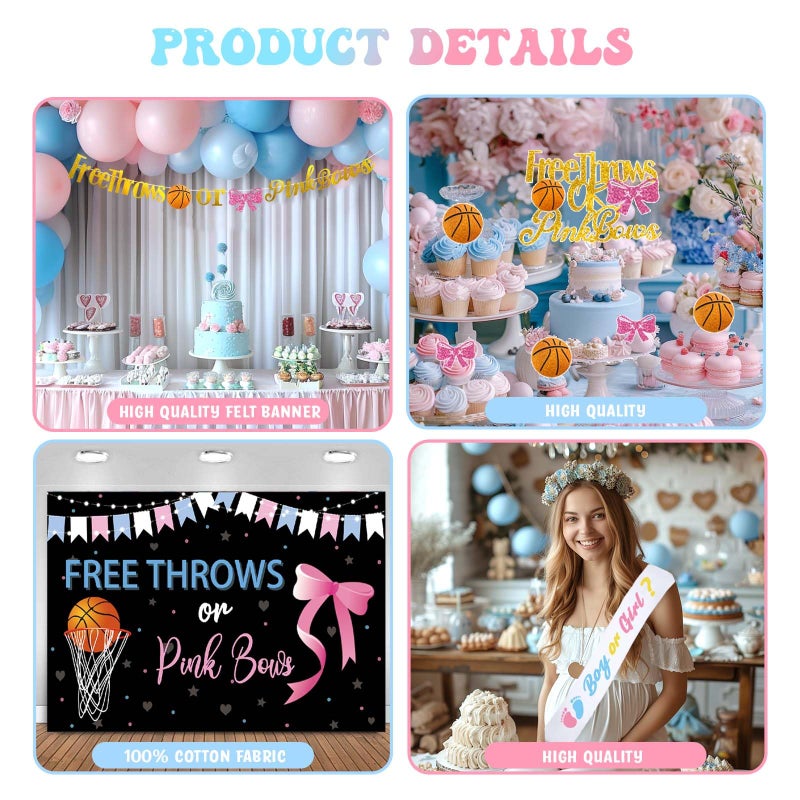 Fiesec Free Throws or Pink Bows Gender Reveal Decorations, Baby Boy or Girl Gender Reveal Decorations, Basketball or Bows Party DÃ©cor Backdrop Balloon Banner Tablecloth Cake Cupcake Topper Box Sash - Image 4