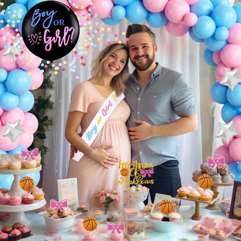 Fiesec Free Throws or Pink Bows Gender Reveal Decorations, Baby Boy or Girl Gender Reveal Decorations, Basketball or Bows Party DÃ©cor Backdrop Balloon Banner Tablecloth Cake Cupcake Topper Box Sash - Image 5