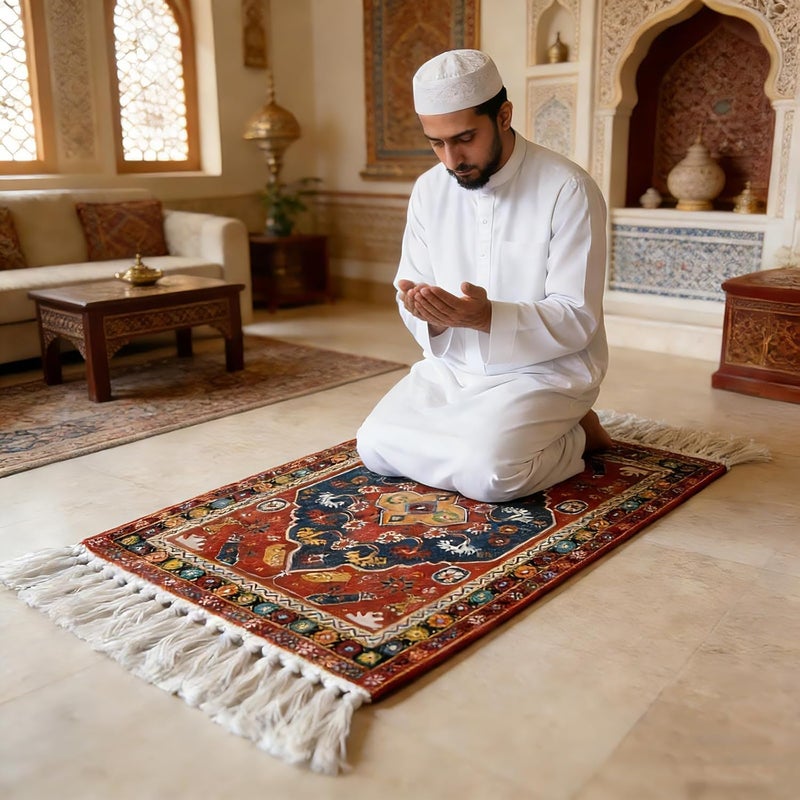 أكسلوت سجادة صلاة مع شراشيب، سجادة صلاة إسلامية مانعة للانزلاق من القطن، مقاس 19.7 × 31.5 بوصة (أحمر) - Image 5
